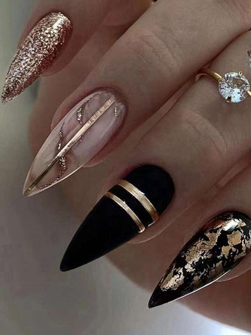 Gold and black contrast almond press on nails