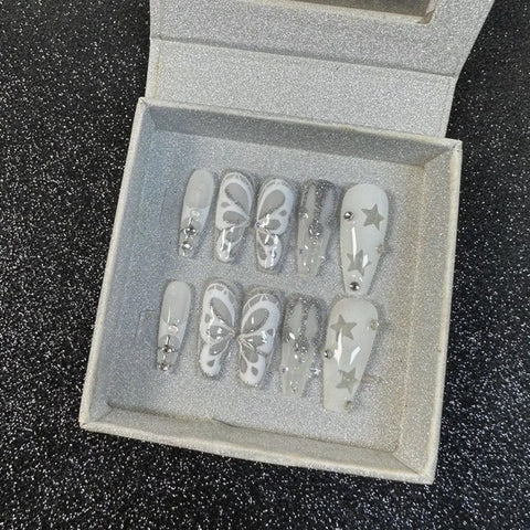 Glitz Silver butterfly design press on nails