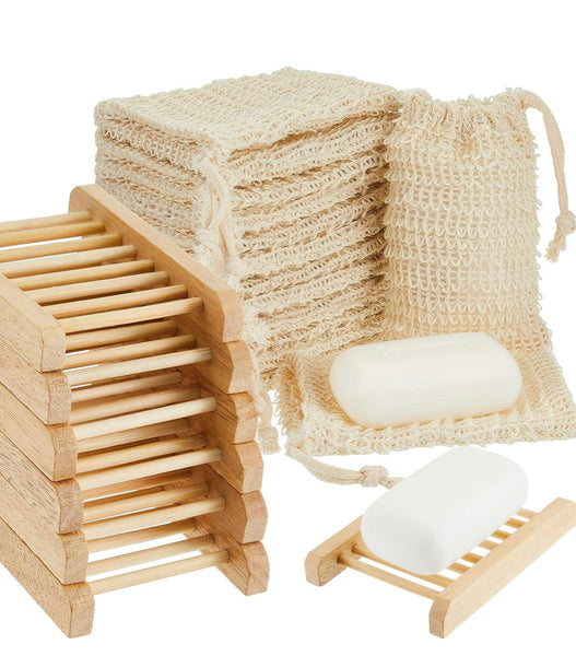 Natural exfoliating soap saver bag & bamboo soap holder