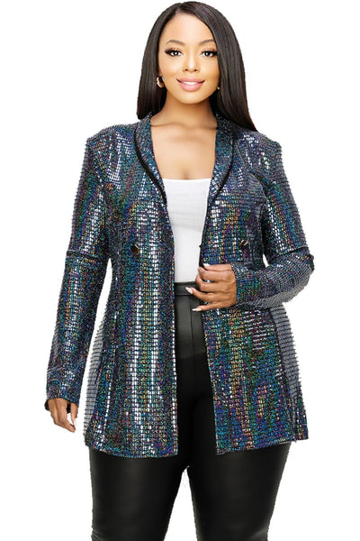 Plus Disco Metallic Sequins Double Breasted Blazer